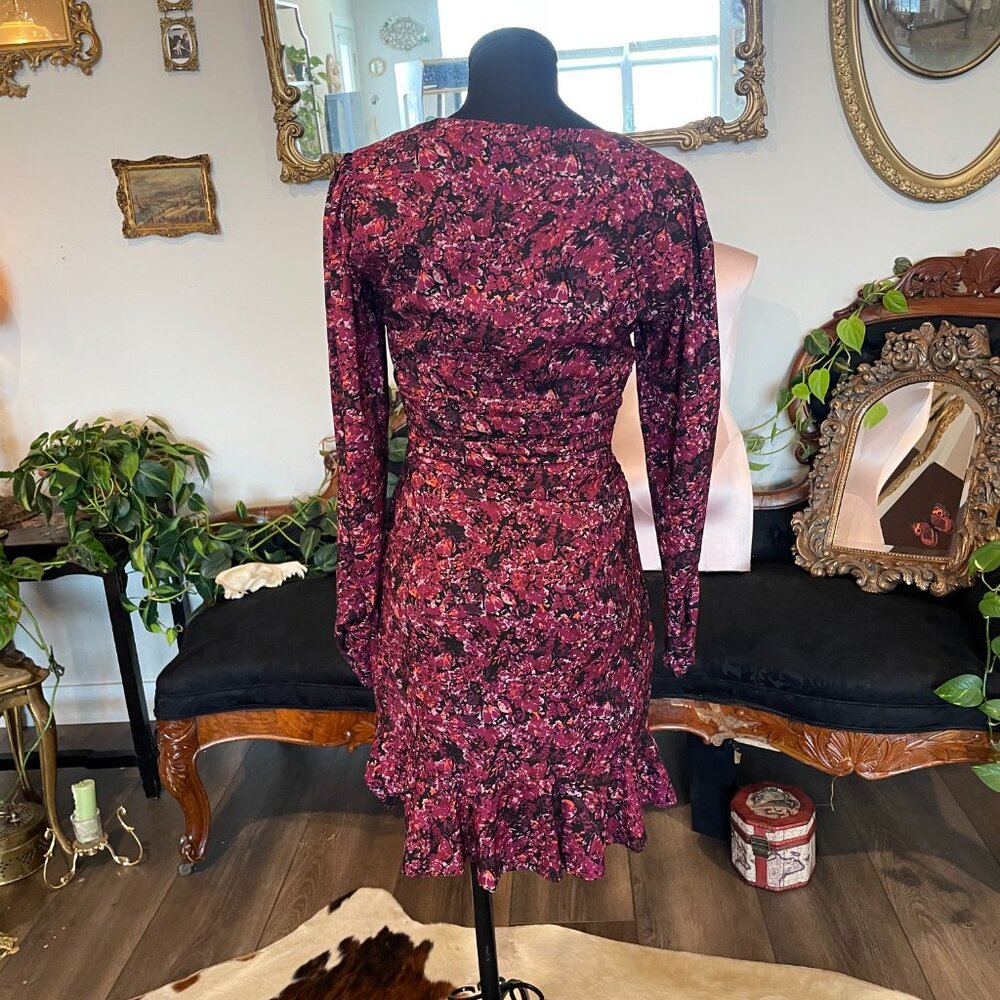 Parker Alison Floral Long Sleeve Ruffle A-Line Dress V-Neck Size 2 Purple - Picture 3 of 3